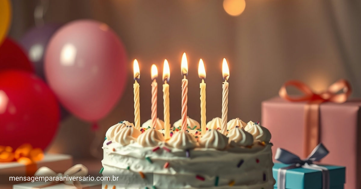 Cena festiva de aniversário com bolo decorado, velas, balões vibrantes, confete e pacotes de presente.