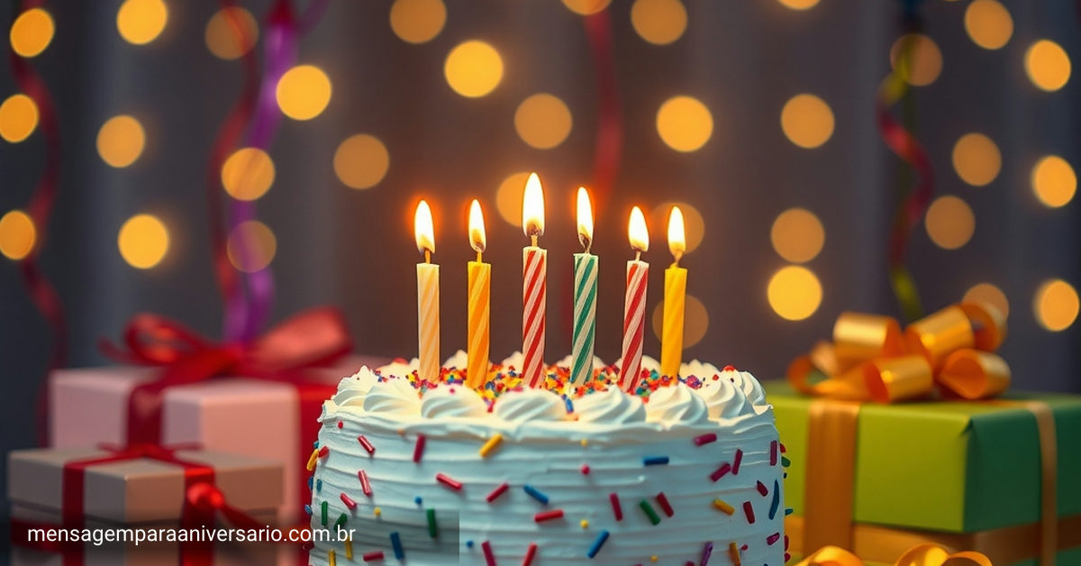 Cena festiva de aniversário com bolo colorido, velas acesas, balões variados, confete, caixas de presente e luzes bokeh.