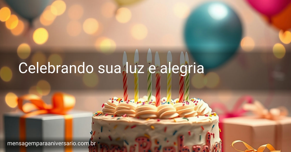 Cena festiva de aniversário com um bolo magnífico, velas que brilham, balões flutuando, confete colorido e presentes variados.
