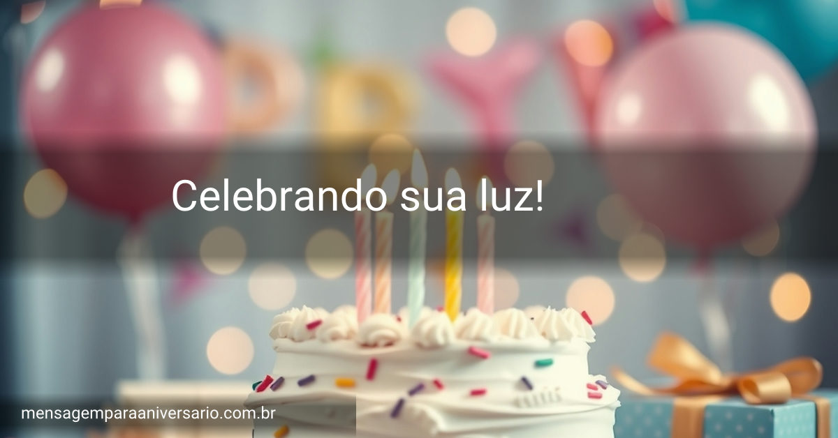Um cenário de festa de aniversário com um bolo decorado, balões em várias cores, confete brilhante e presentes empilhados.