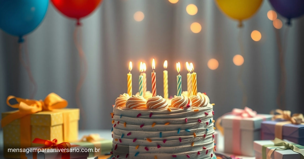 Celebração de aniversário serena, com um bolo bem arrumado, velas, balões coloridos e confete espalhado, ambientada em um clima tranquilo.