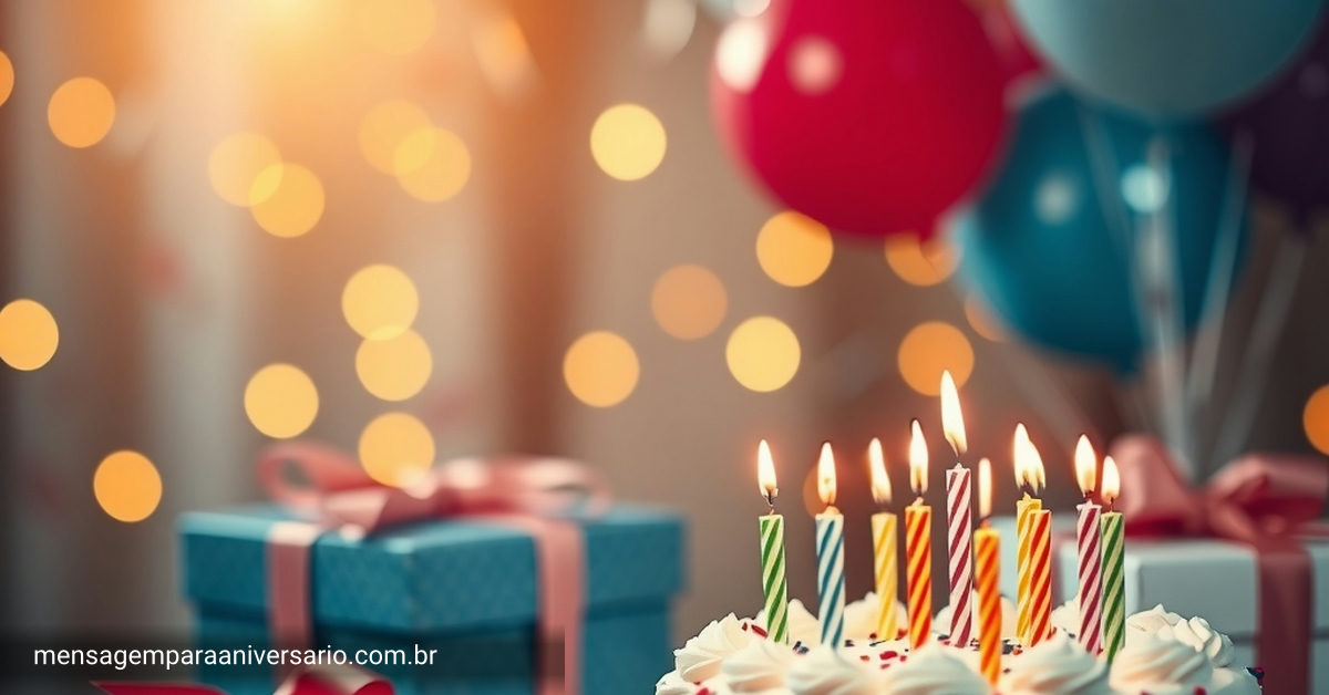 Cena festiva de aniversário com bolo, velas, balões, confetes, presentes e luzes bokeh.