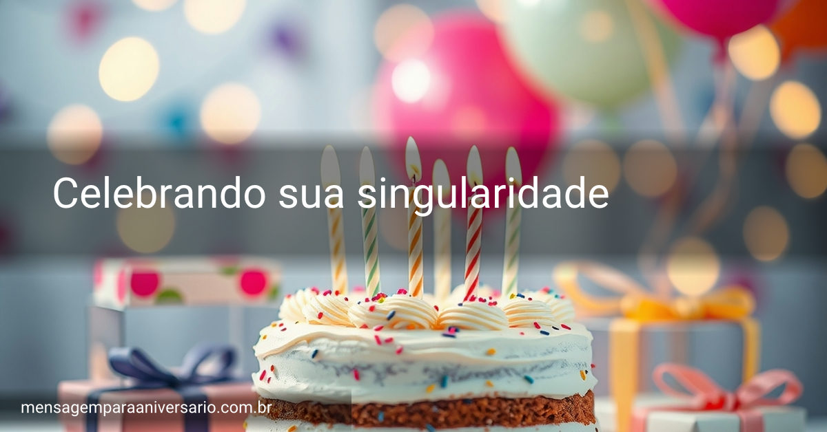 Cena festiva de aniversário com bolo, velas, balões, confete e presentes.