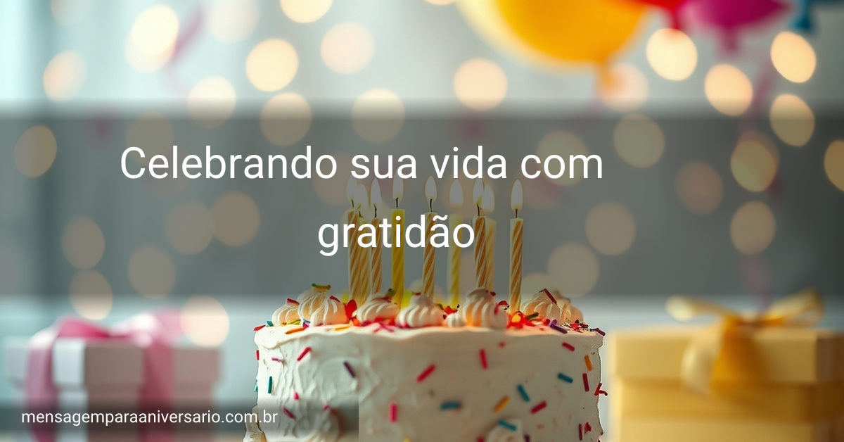 Cena festiva de aniversário com bolo decorado, velas brilhantes, balões variados, confete colorido e luzes bokeh criando um ambiente alegre.