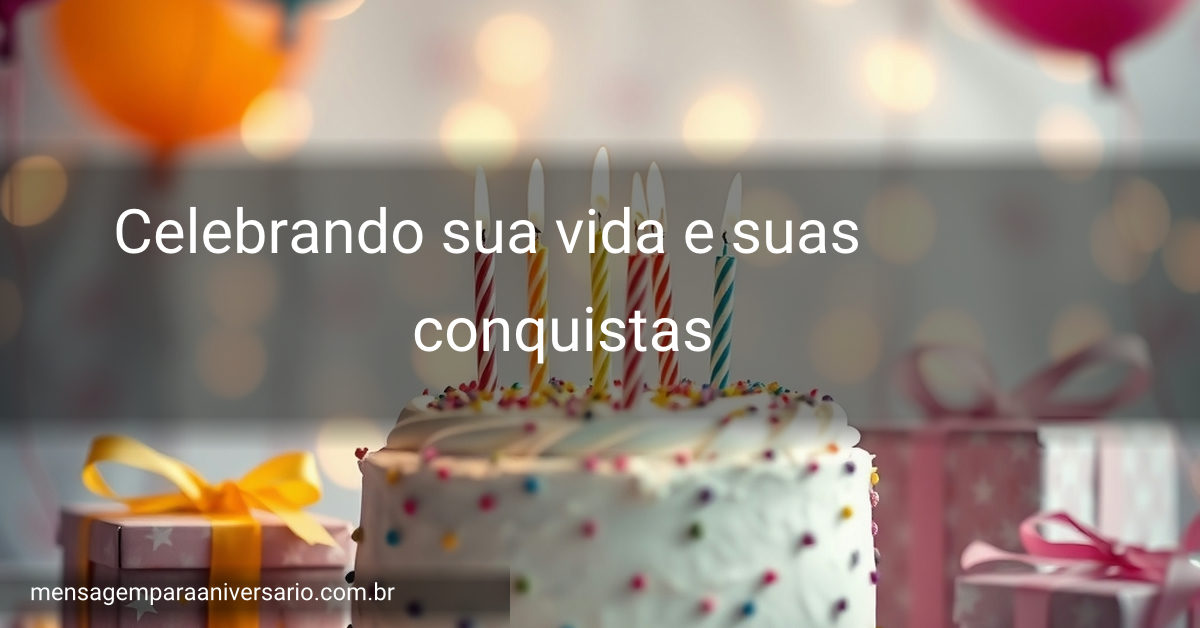 Uma cena festiva de aniversário adornada com um bolo, velas, balões vibrantes, confete e pacotes de presentes, criando uma atmosfera alegre.