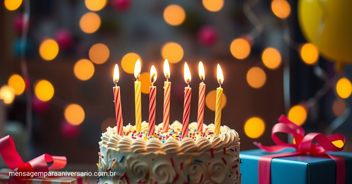 Uma cena festiva de aniversário com bolo, velas, balões, confete e luzes bokeh.