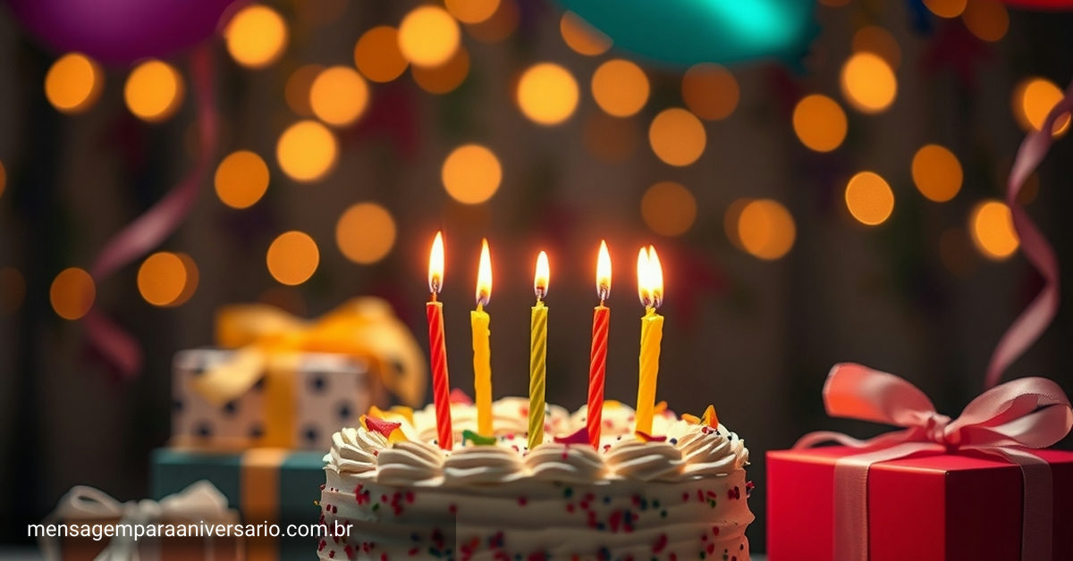 Uma cena festiva de aniversário com um bolo decorado, velas acesas, balões coloridos, confetes e presentes brilhantes.