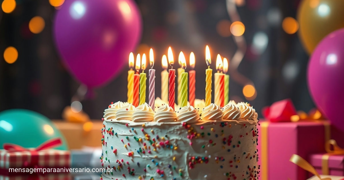 Cena festiva de aniversário com bolo, velas acesas, balões coloridos, confete, presentes e luzes bokeh.