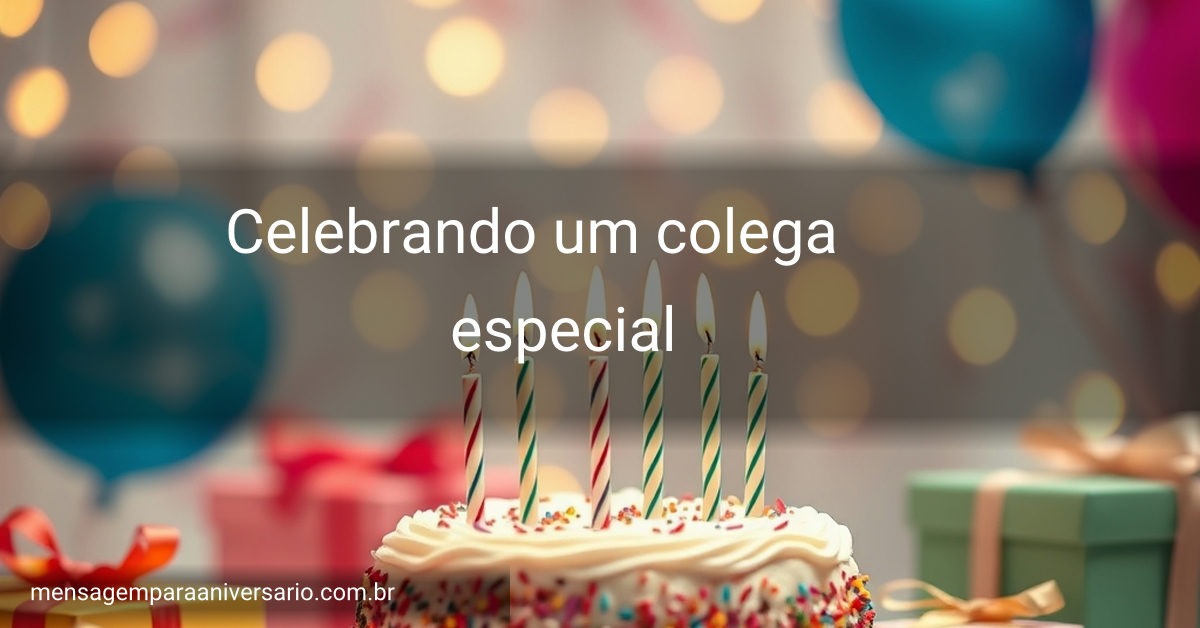 Cena festiva com bolo decorado, velas acesas, balões coloridos, confete espalhado e presentes empilhados.