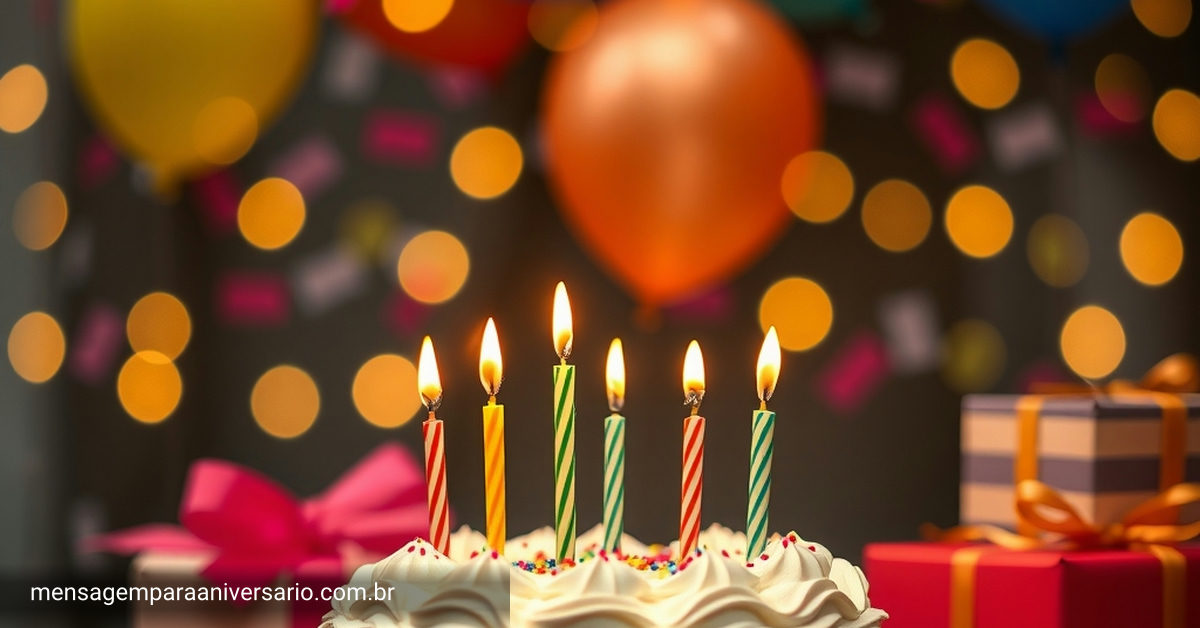 Cena festiva com um bolo de aniversário decorado, velas acesas, balões coloridos, confete espalhado, presentes e luzes bokeh.