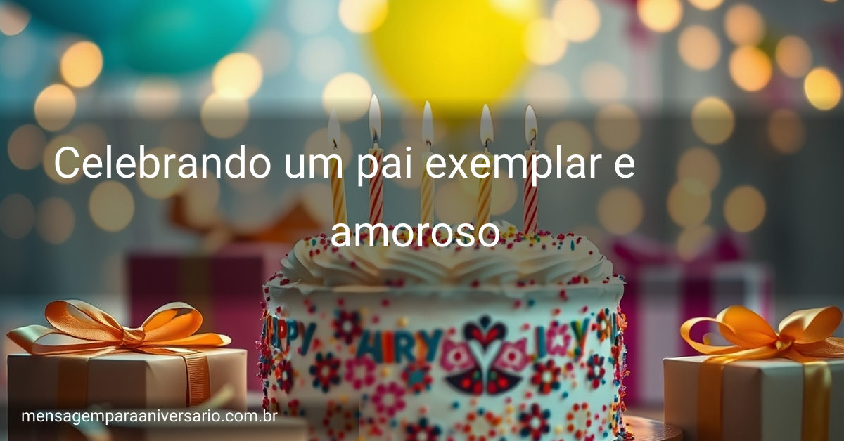 Uma cena festiva de aniversário com um bolo decorado, balões coloridos, presentes e luzes brilhantes.