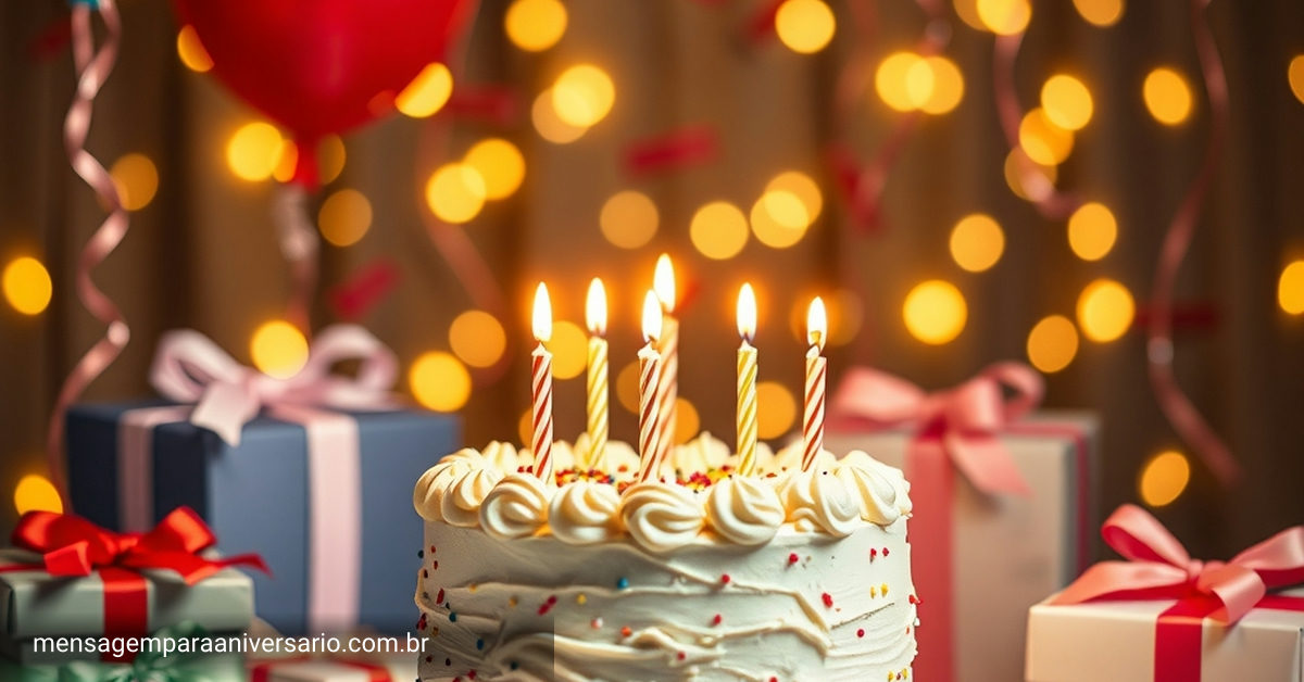 Uma cena festiva de aniversário com bolo, velas, balões, confete e luzes piscando.