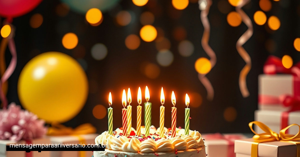 Cena festiva de aniversário com bolo, velas, balões, confete e presentes.