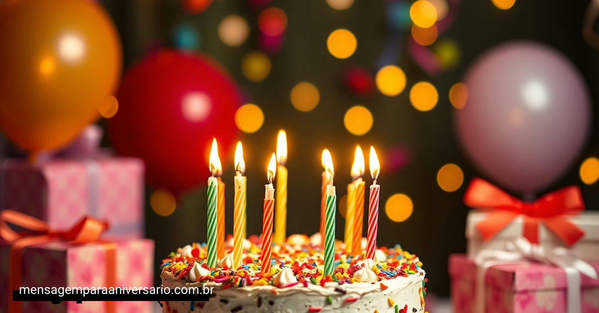 Uma cena festiva de aniversário com um bolo colorido, velas acesas, balões variados, confetes e luzes bokeh.
