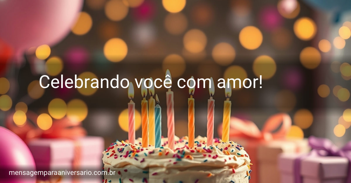 Um ambiente festivo de aniversário, com um bolo decorado, velas acesas, balões flutuantes, confete colorido e uma pilha de presentes.