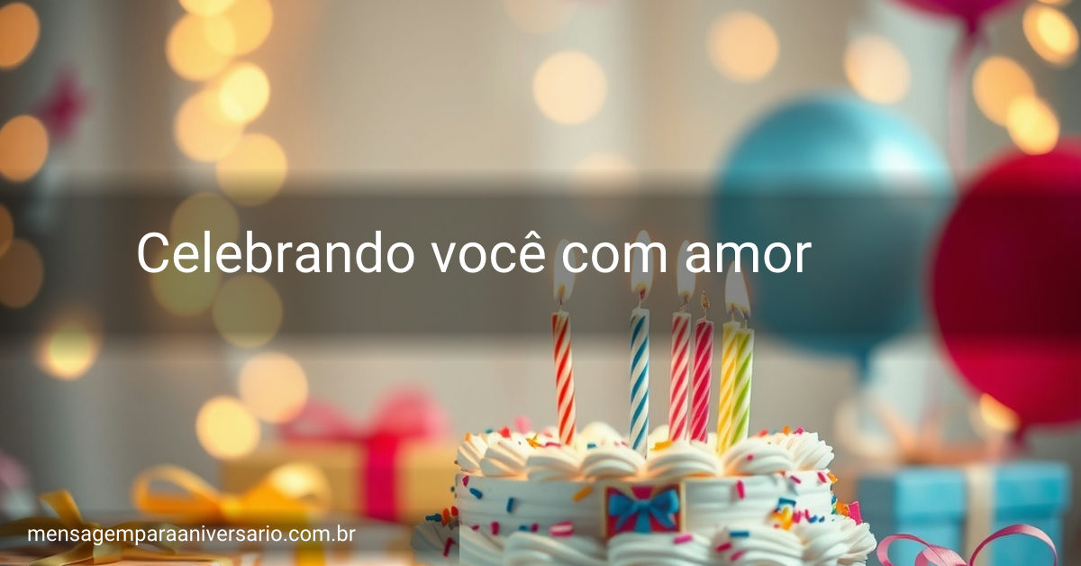 Uma cena de festa de aniversário com um bolo decorado, velas acesas e balões flutuantes, criando um ambiente alegre.