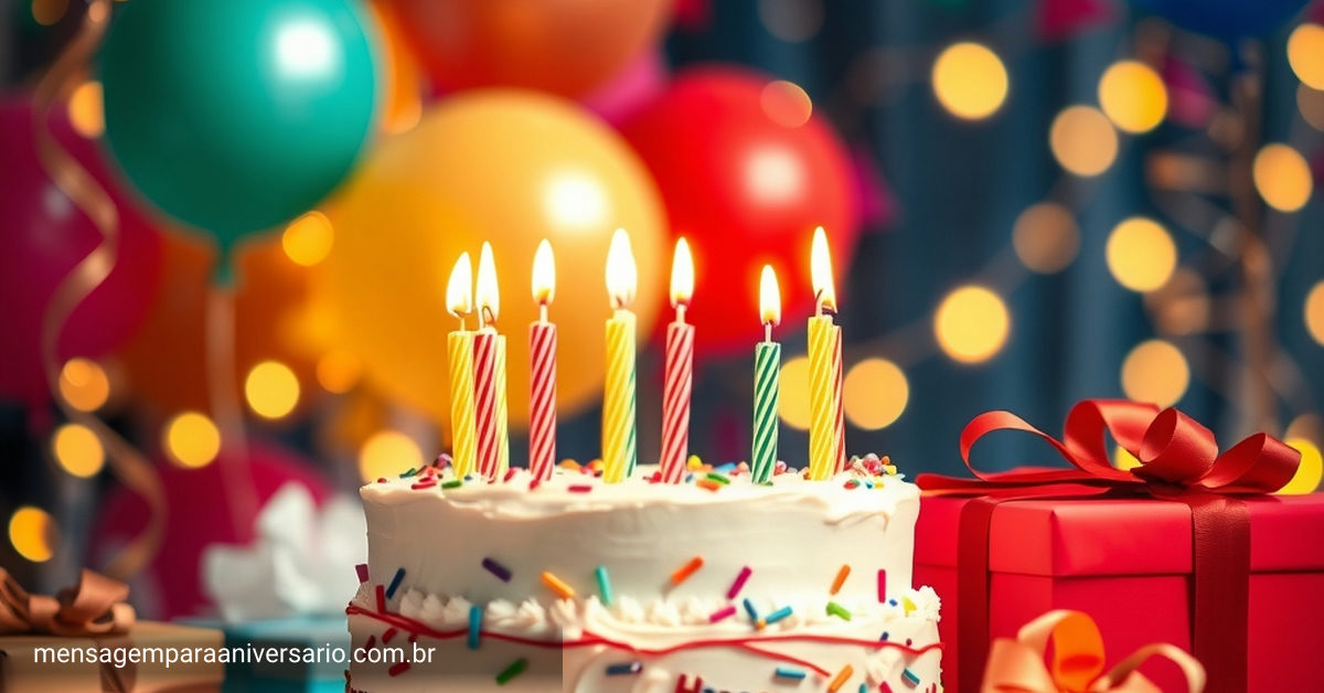 Cena festiva de aniversário com bolo, velas, balões, confetes e presentes.