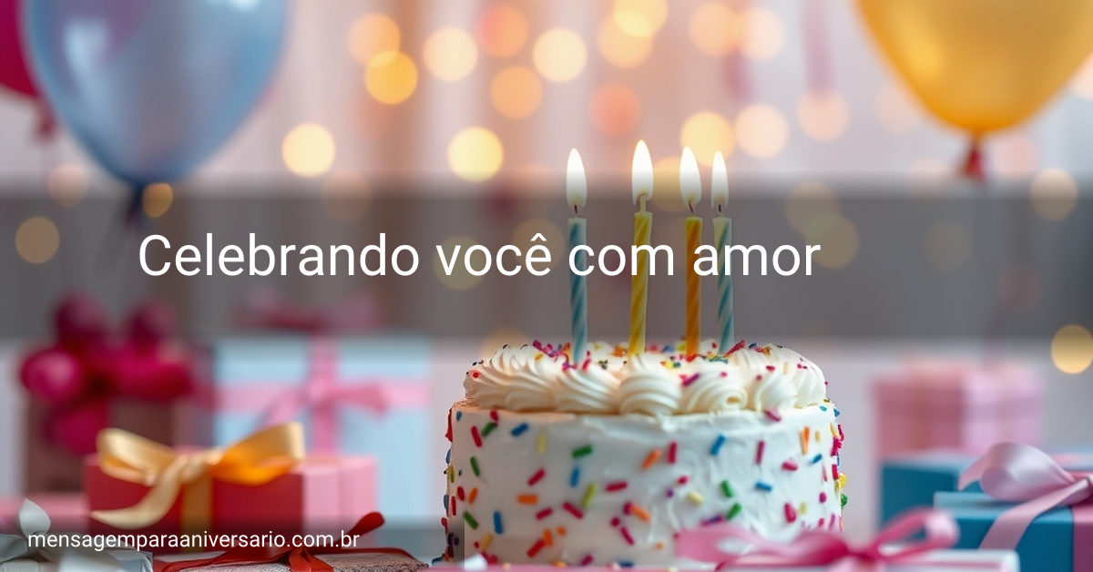 Cena festiva de aniversário com uma mesa cheia de presentes, balões coloridos e um bolo decorado.