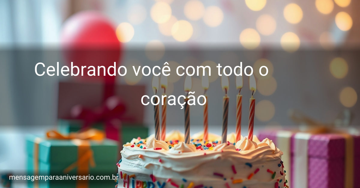 Uma cena festiva de aniversário com confete, presentes coloridos e luzes de fada.