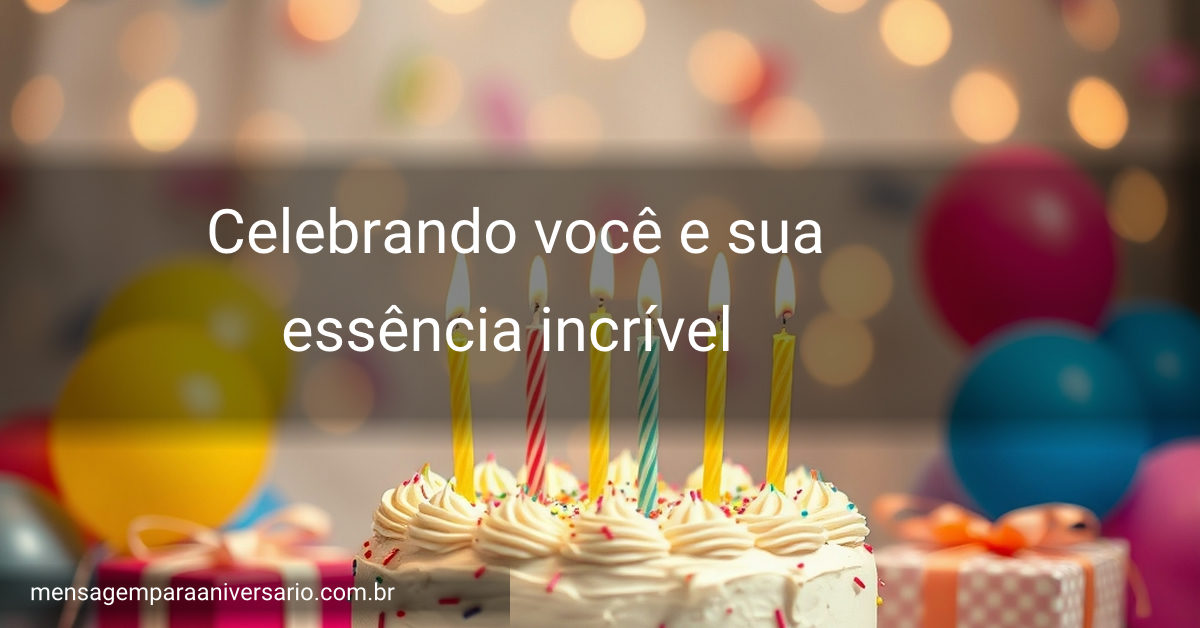 Cena de aniversário com um bolo colorido, velas acesas, balões variados, confetes espalhados e presentes ao fundo.