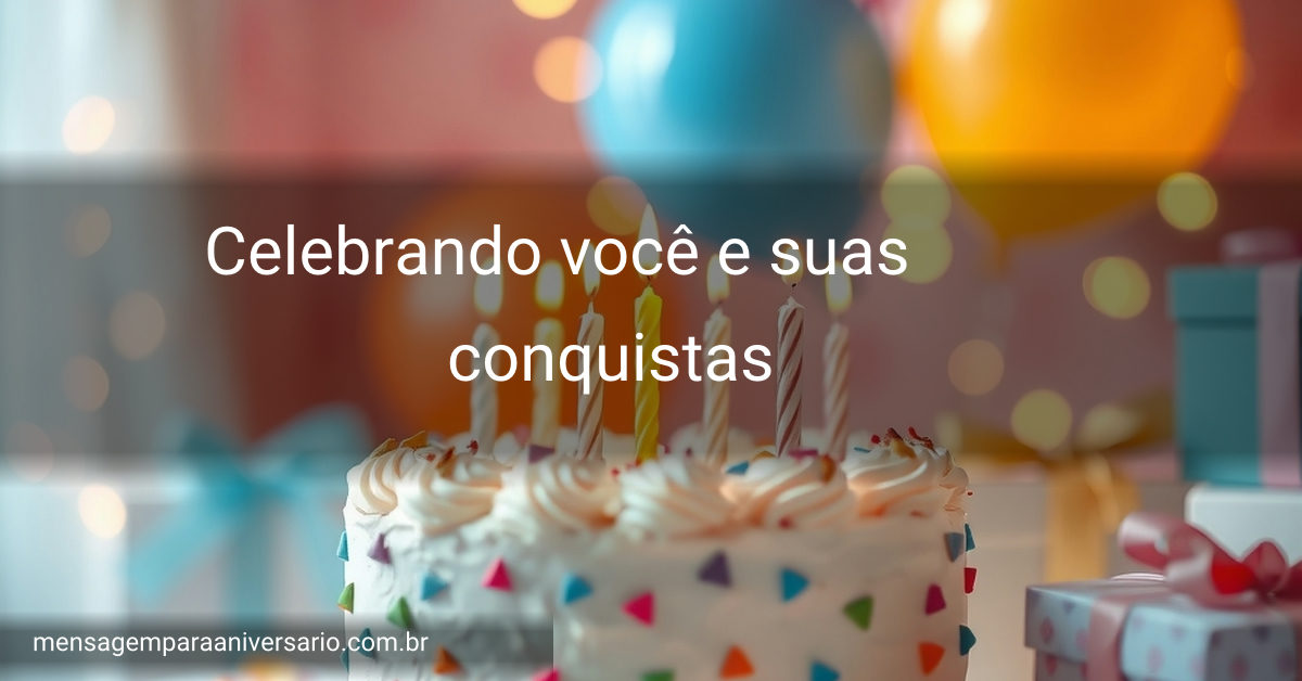Cena festiva de aniversário com bolo, velas, balões, confete e luzes brilhantes.