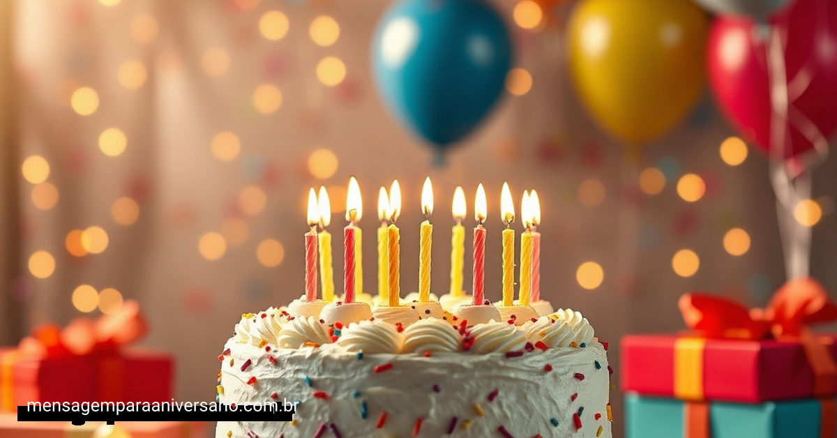 Um belo cenário de aniversário com um bolo grande, velas brilhantes, balões coloridos e confete festivo.