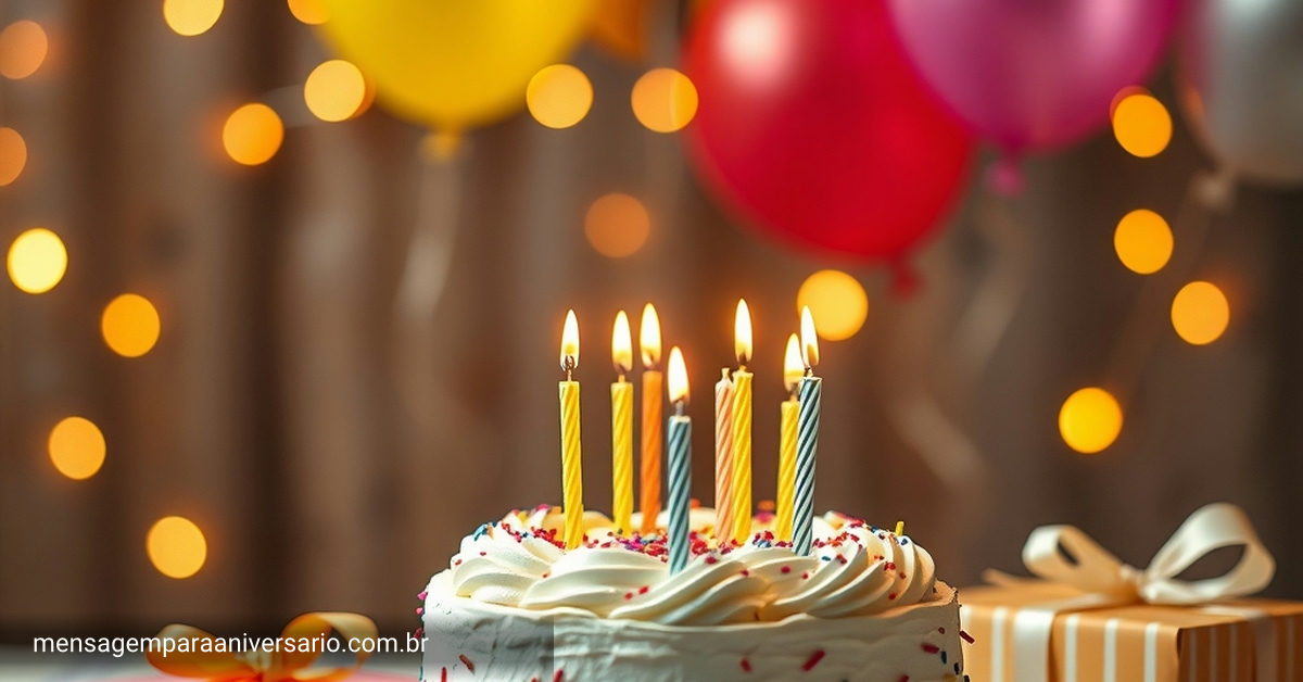 Cena festiva de aniversário com bolo, velas, balões, confete e presentes.
