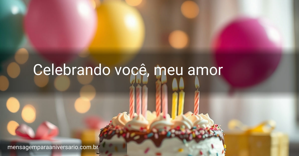 Uma cena festiva de aniversário com um bolo decorado, velas acesas, balões coloridos, confete espalhado e luzes desfocadas ao fundo.