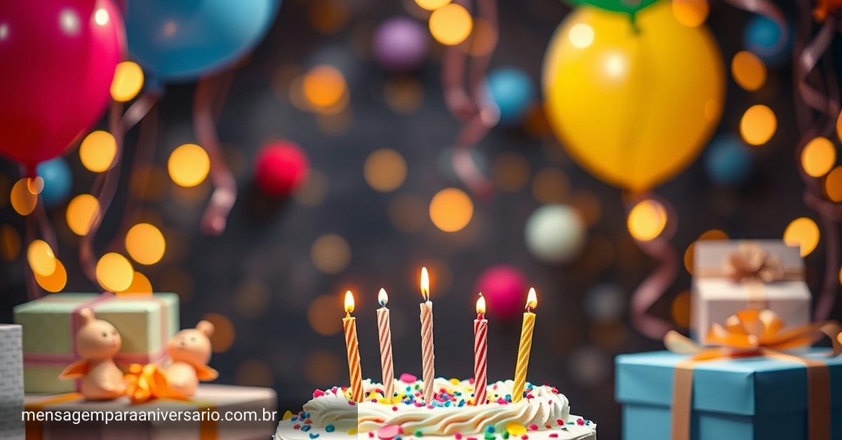 Cena de aniversário festiva com bolo, balões, confetes e velas, sem pessoas.