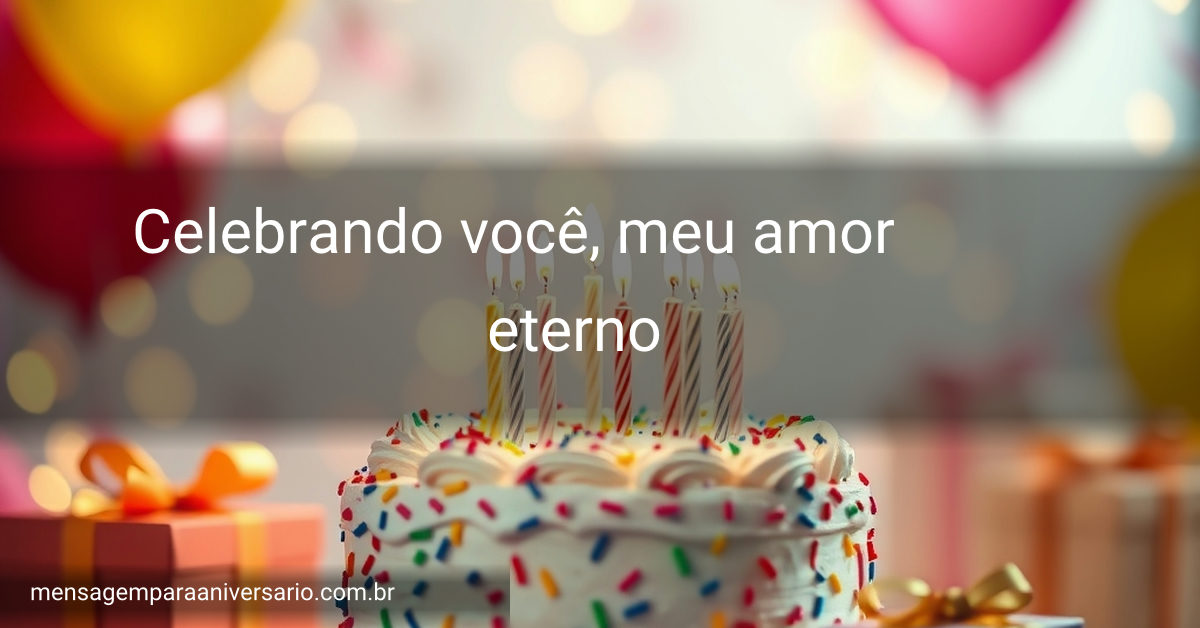 Cena festiva de aniversário com um bolo colorido, velas, balões, confete e luzes brilhantes.