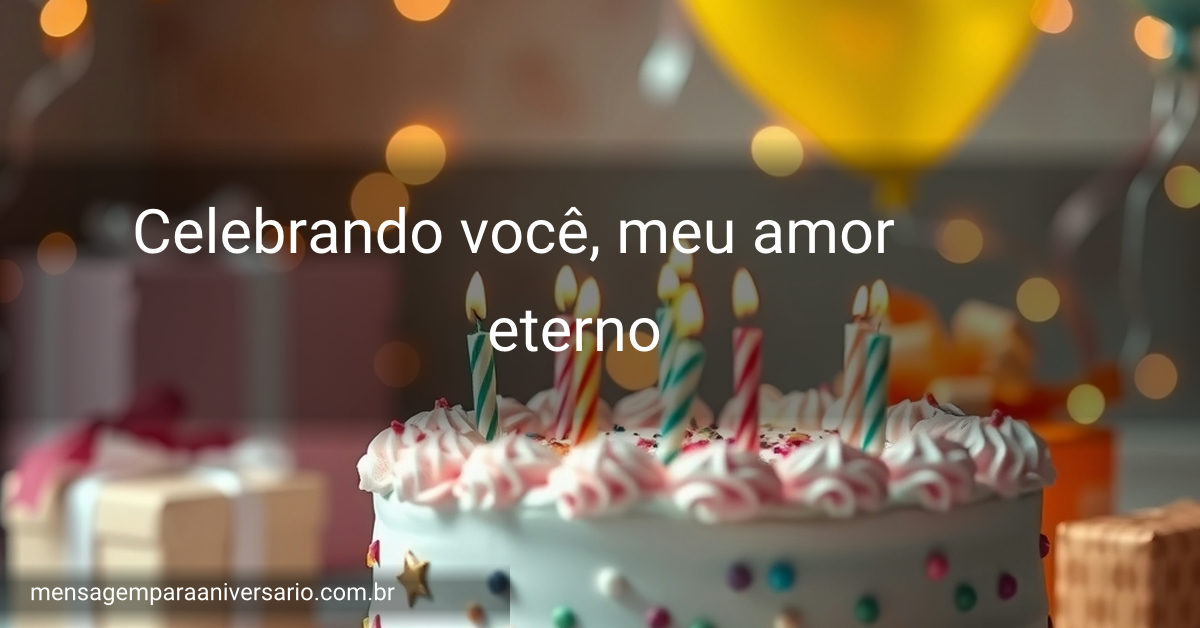 Cena festiva de aniversário com bolo decorado, velas acesas, balões coloridos, confetes e luzes brilhantes.