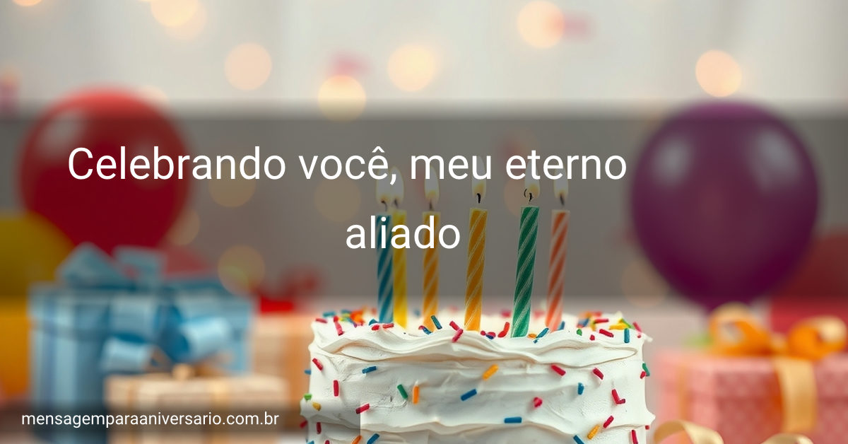 Cena festiva com bolo colorido, velas acesas, balões e confete.