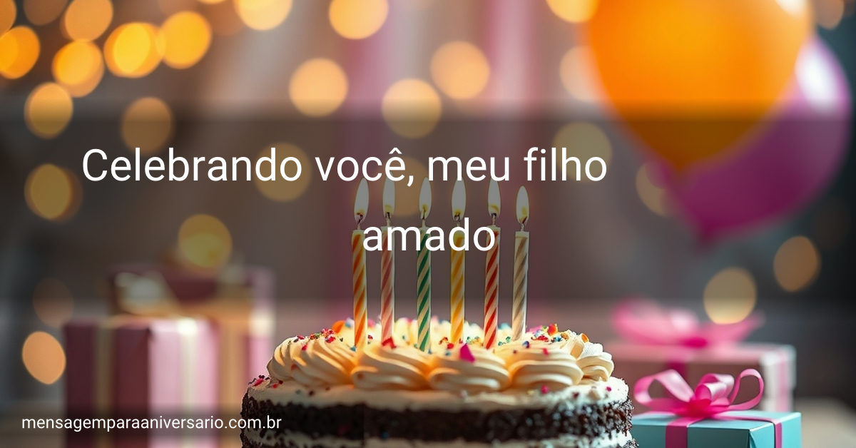 Uma mesa decorada para festa de aniversário, com um bolo, velas acesas, balões coloridos e presentes.