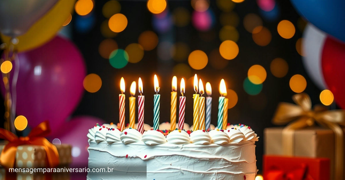 Uma cena festiva de aniversário com bolo, velas, balões coloridos e presentes.
