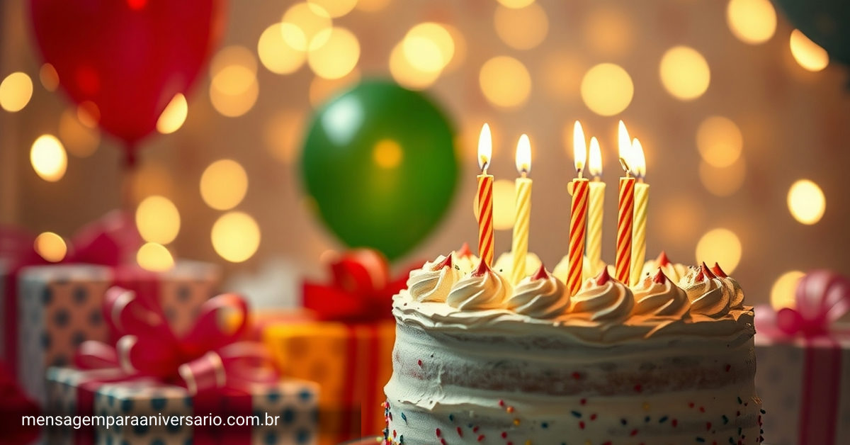 Cenário festivo de aniversário com bolo, velas, balões, confete e presentes.