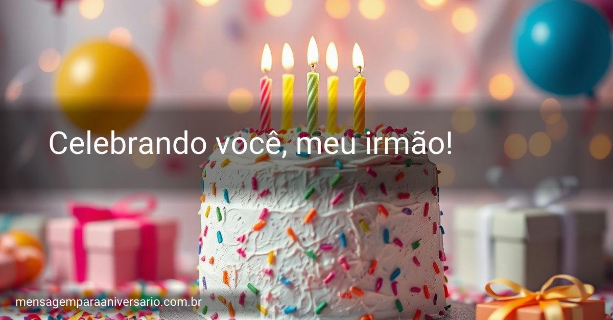 Um cenário festivo de aniversário com um bolo decorado, balões de várias cores, confetes no chão e luzes brilhantes ao fundo, criando um ambiente alegre.