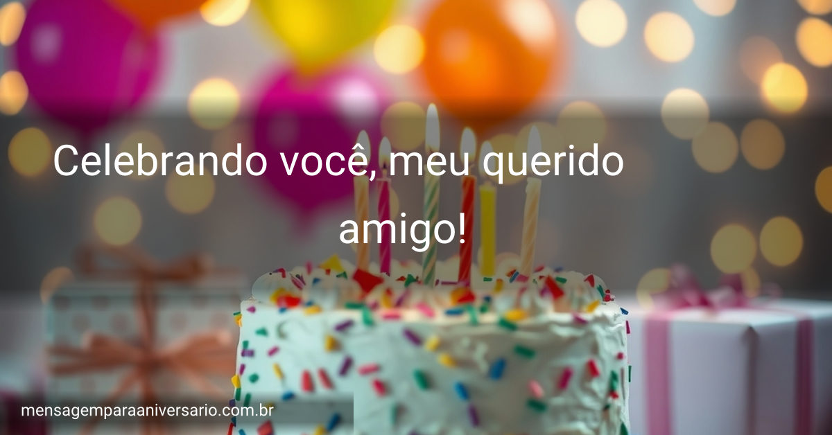 Cena festiva de aniversário com bolo colorido, velas acesas, balões, confete, presentes embrulhados e luzes bokeh.