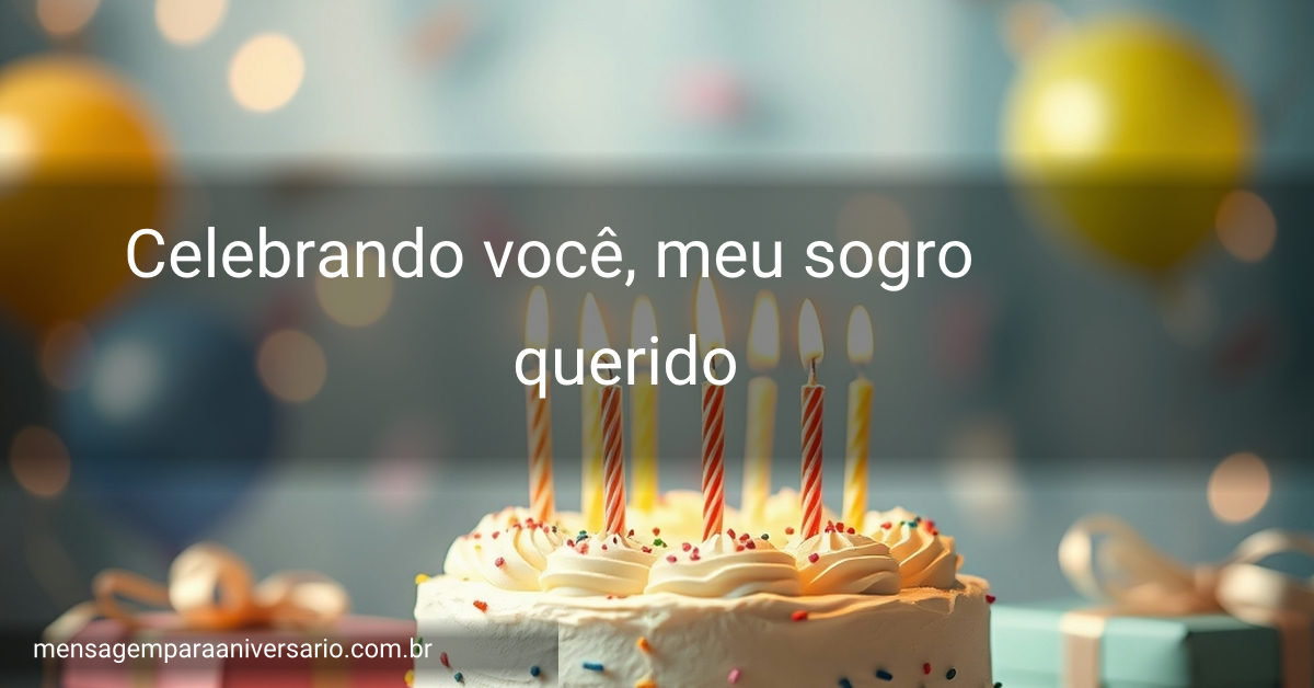 Mesa decorada com bolo de aniversário, balões coloridos, velas acesas e presentes ao fundo.
