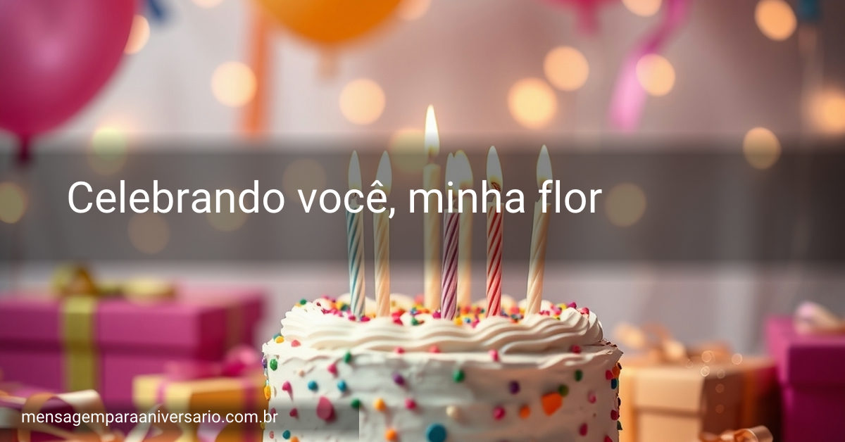 Cenário festivo de aniversário com bolo, velas, balões coloridos e confete, iluminado por luzes suaves.