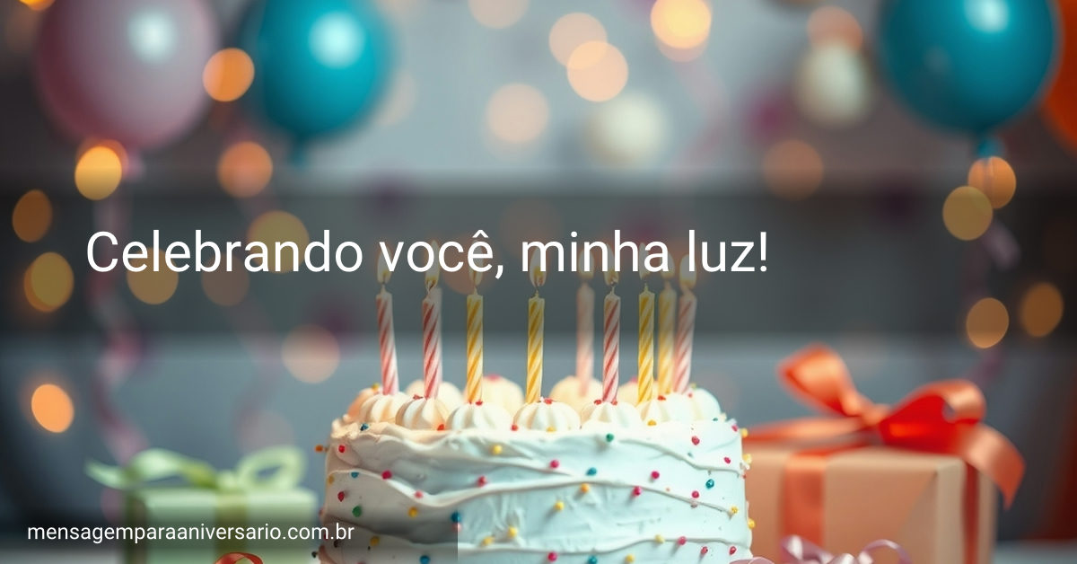 Cena festiva de aniversário com bolo, velas, balões, confete e presentes.