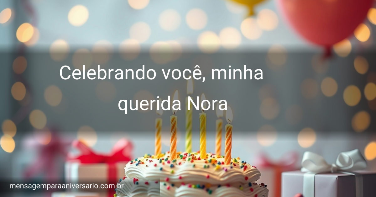 Uma cena festiva de aniversário com um bolo decorado, balões coloridos e luzes piscando.