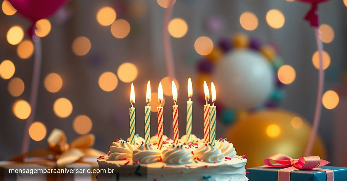 Cena festiva de aniversário com um bolo, velas, balões, confetes e presentes.
