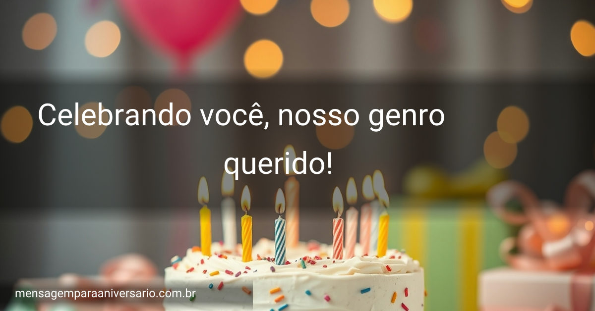 Cena festiva de aniversário com bolo, velas, balões, confete e presentes.