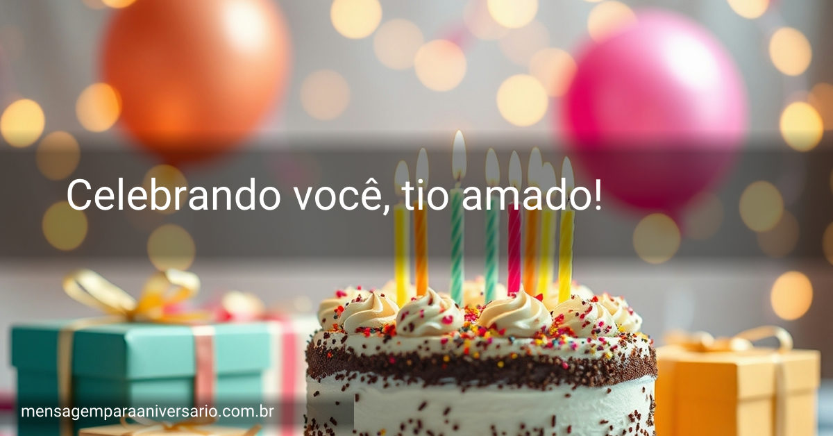 Mesa de aniversário colorida com bolo decorado, velas, balões festivos, confetes e pacotes de presentes.