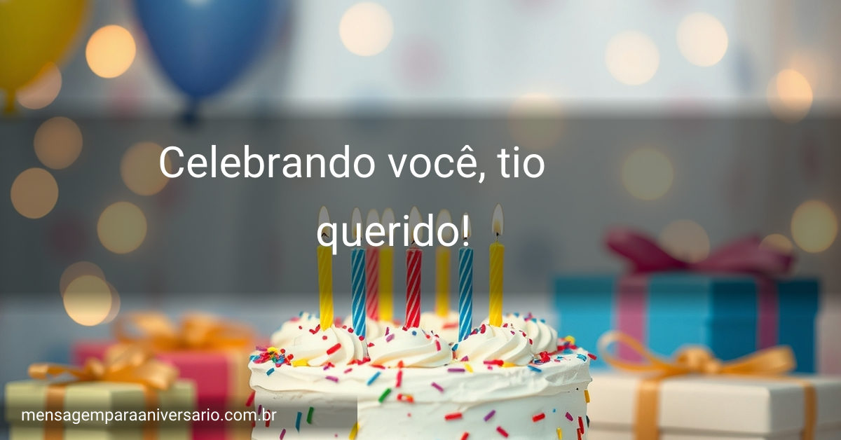 Cena festiva de aniversário com bolo colorido, velas acesas, balões, confete e luzes bokeh.