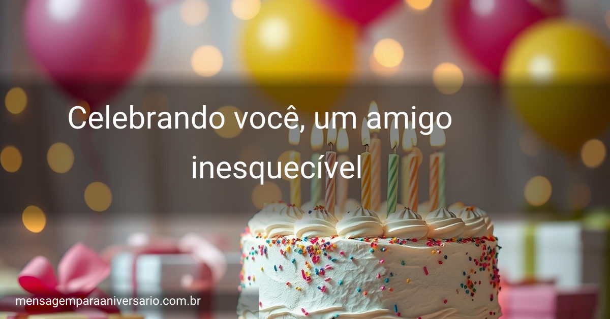 Cena festiva de aniversário com bolo, velas, balões, confete e presentes.