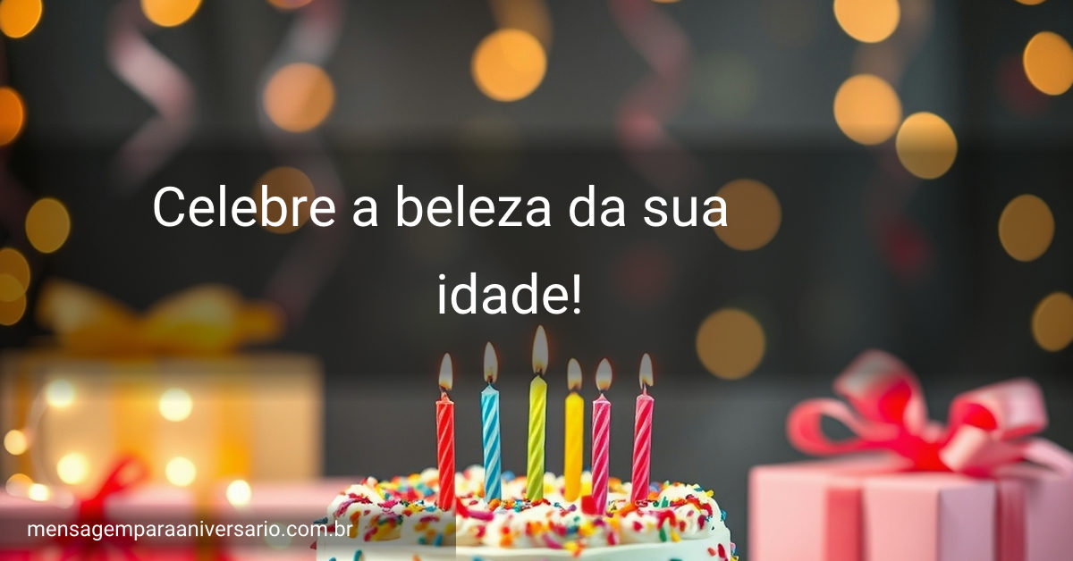 Cenário de festa de aniversário com bolo colorido, velas acesas, balões, confete, presentes e luzes desfocadas.