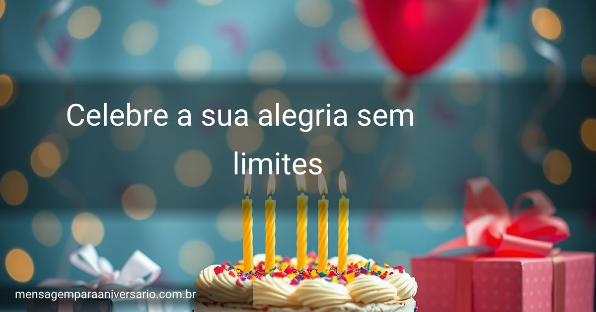 Cena festiva de aniversário com bolo, velas, balões, confete e presentes.