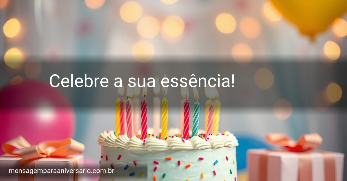 Uma cena festiva de aniversário com um bolo colorido, velas acesas, balões, confete e luzes difusas.