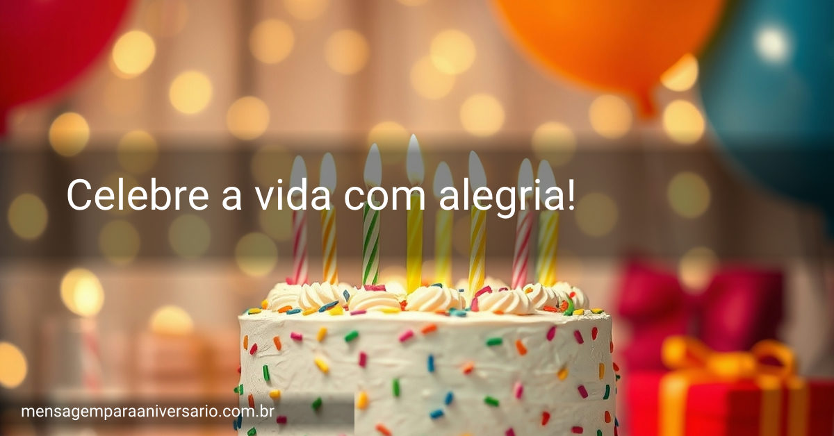 Cena festiva de aniversário com um bolo colorido, velas acesas, balões brilhantes, confetes espalhados e luzes piscando ao fundo.